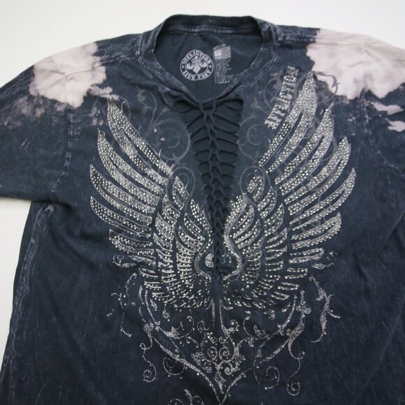 Affliction Womens T-Shirt Medium Embellished Wings Graphic Woven Cutout Grey Y2K - Picture 5 of 12